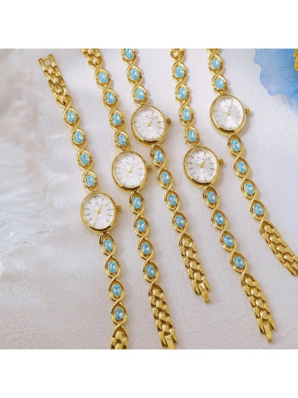 Womens Gold Sky Blue Analog Quartz Waterproof Oval Dainty Vintage Bracelet Watch
